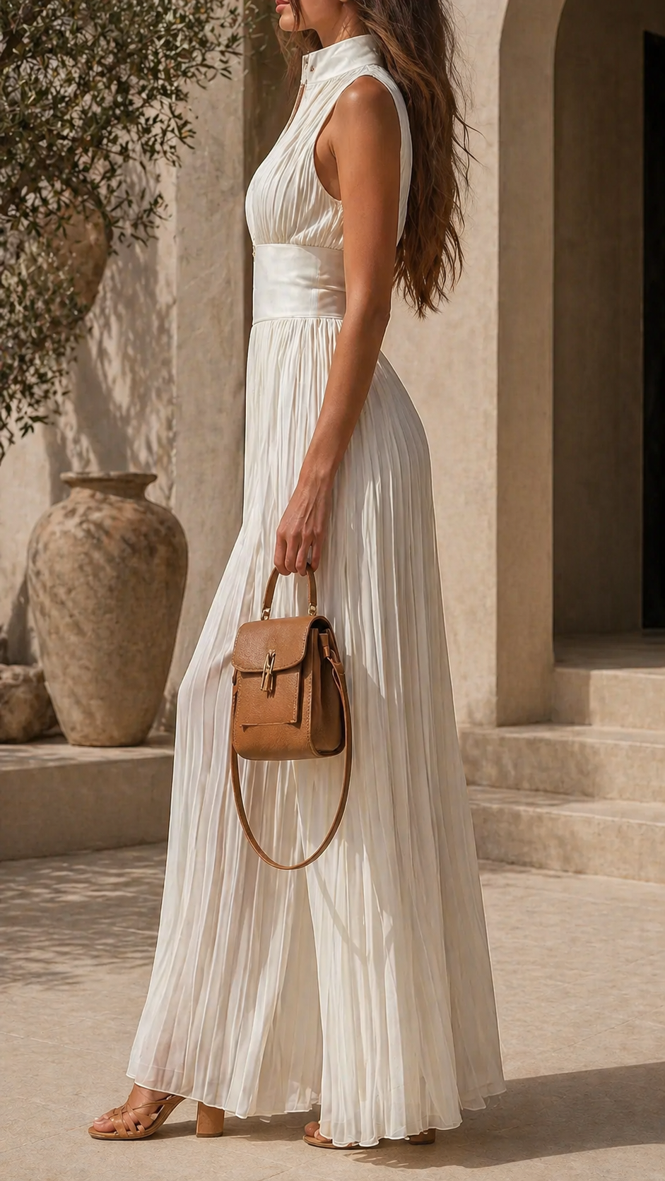 Chiffon Pleated High Neck Zip Front Wide Leg Jumpsuit 8