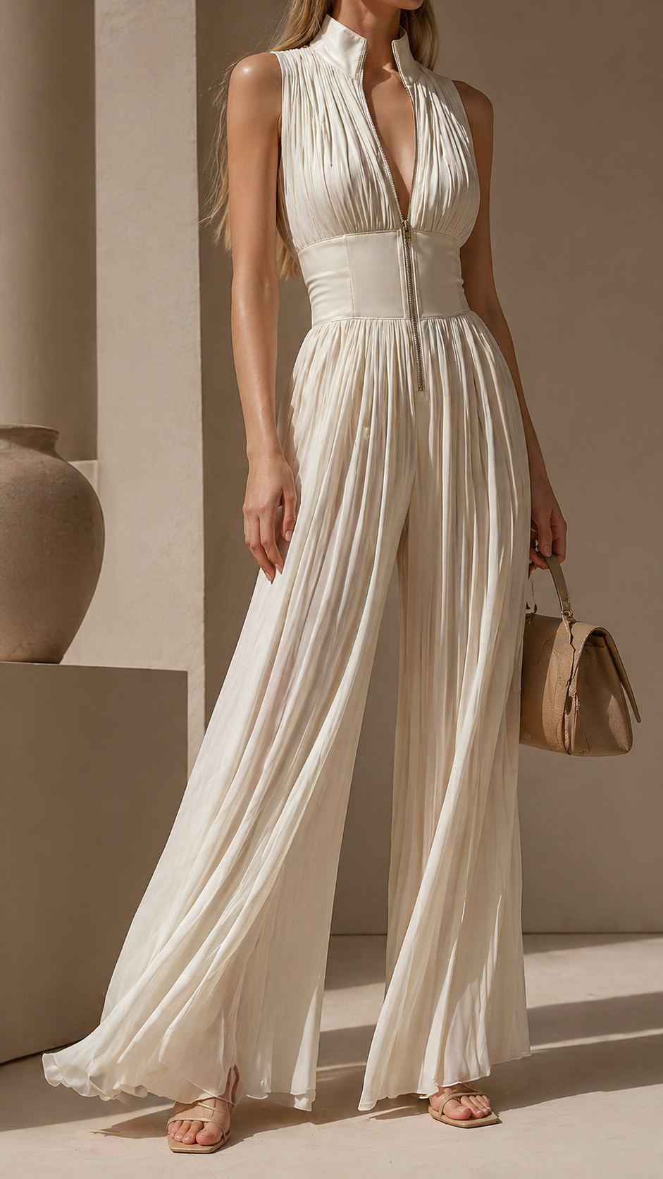Chiffon Pleated High Neck Zip Front Wide Leg Jumpsuit 6