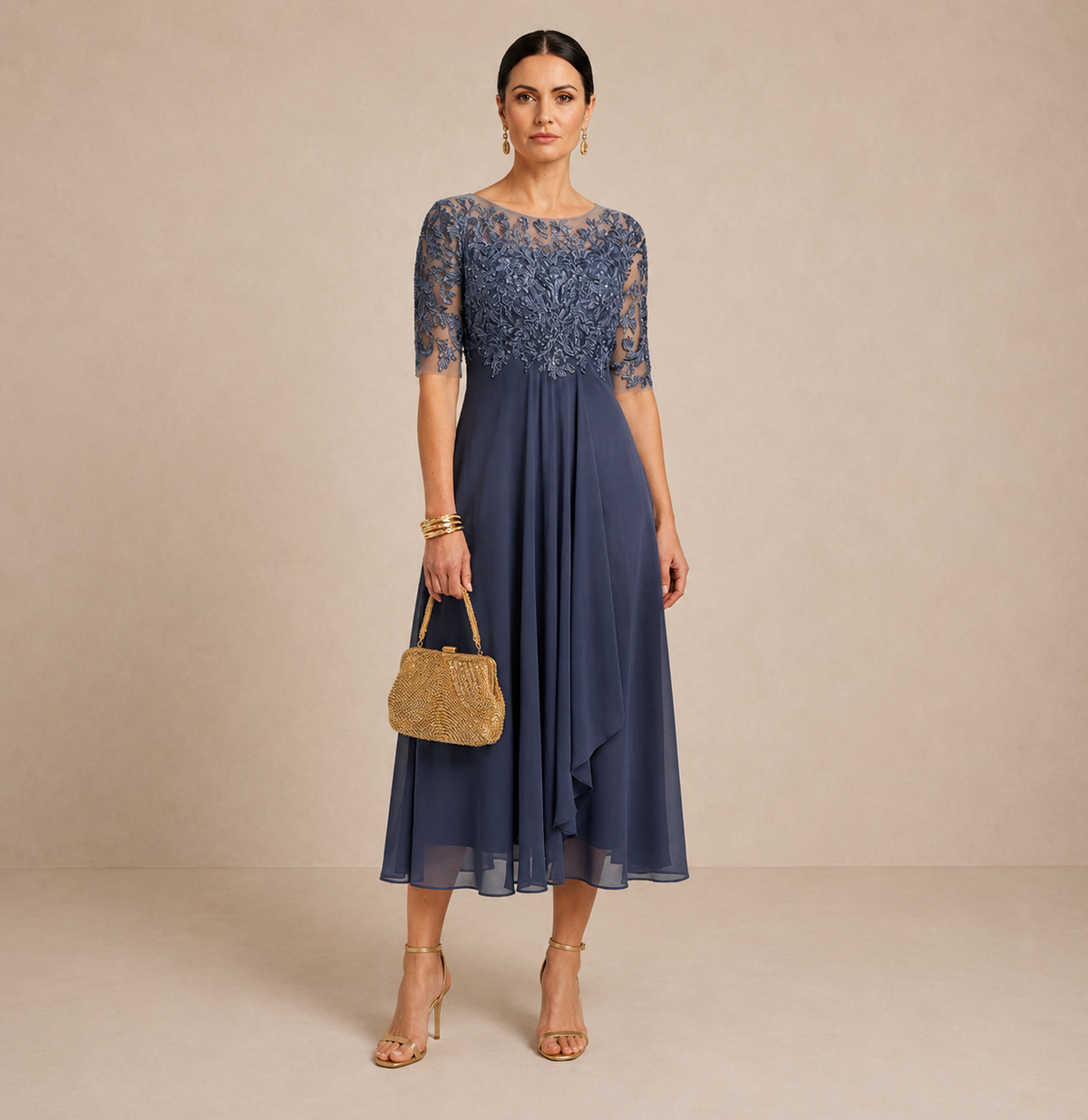 Lace Bodice Short Sleeve Chiffon A-Line Midi Dress Wedding Guest