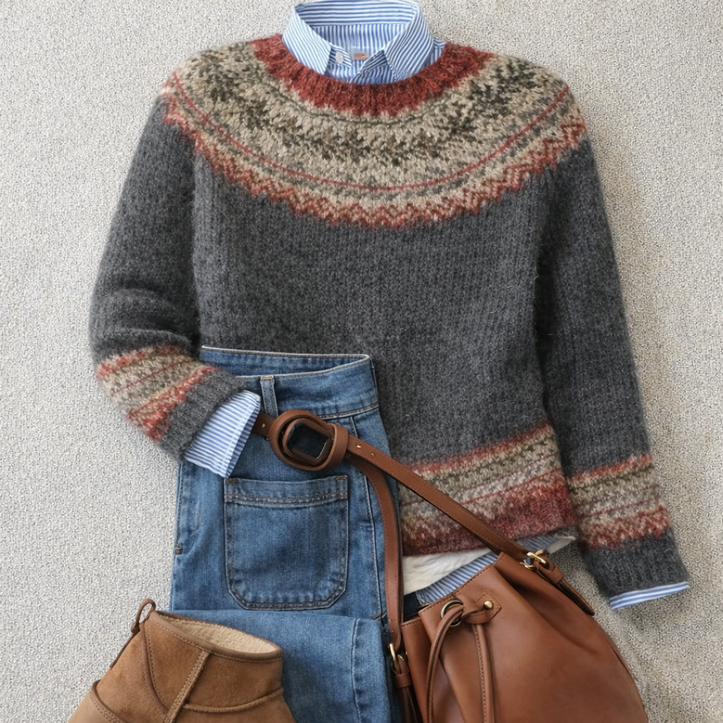 Fair Isle Yoke Crew Neck Knit Sweater