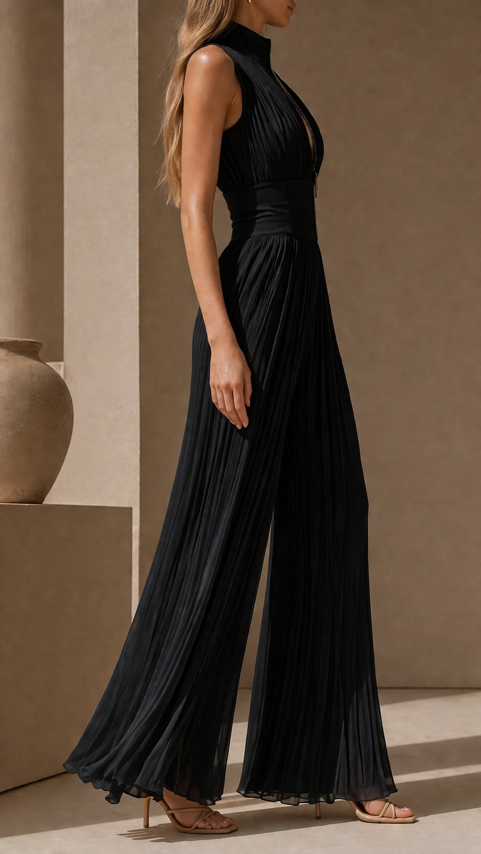 Chiffon Pleated High Neck Zip Front Wide Leg Jumpsuit 3