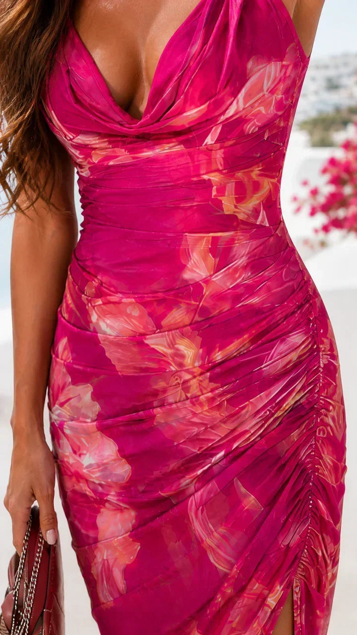 Floral Cowl Neck Ruched High Split Maxi Dress 4