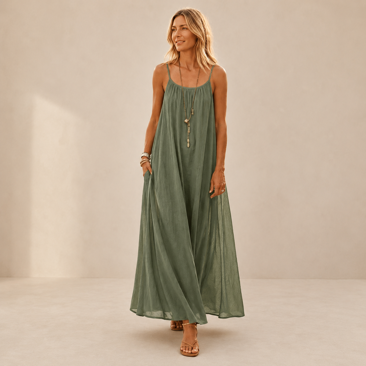 Scoop Neck Spaghetti Strap Pocket A-Line Maxi Dress Summer