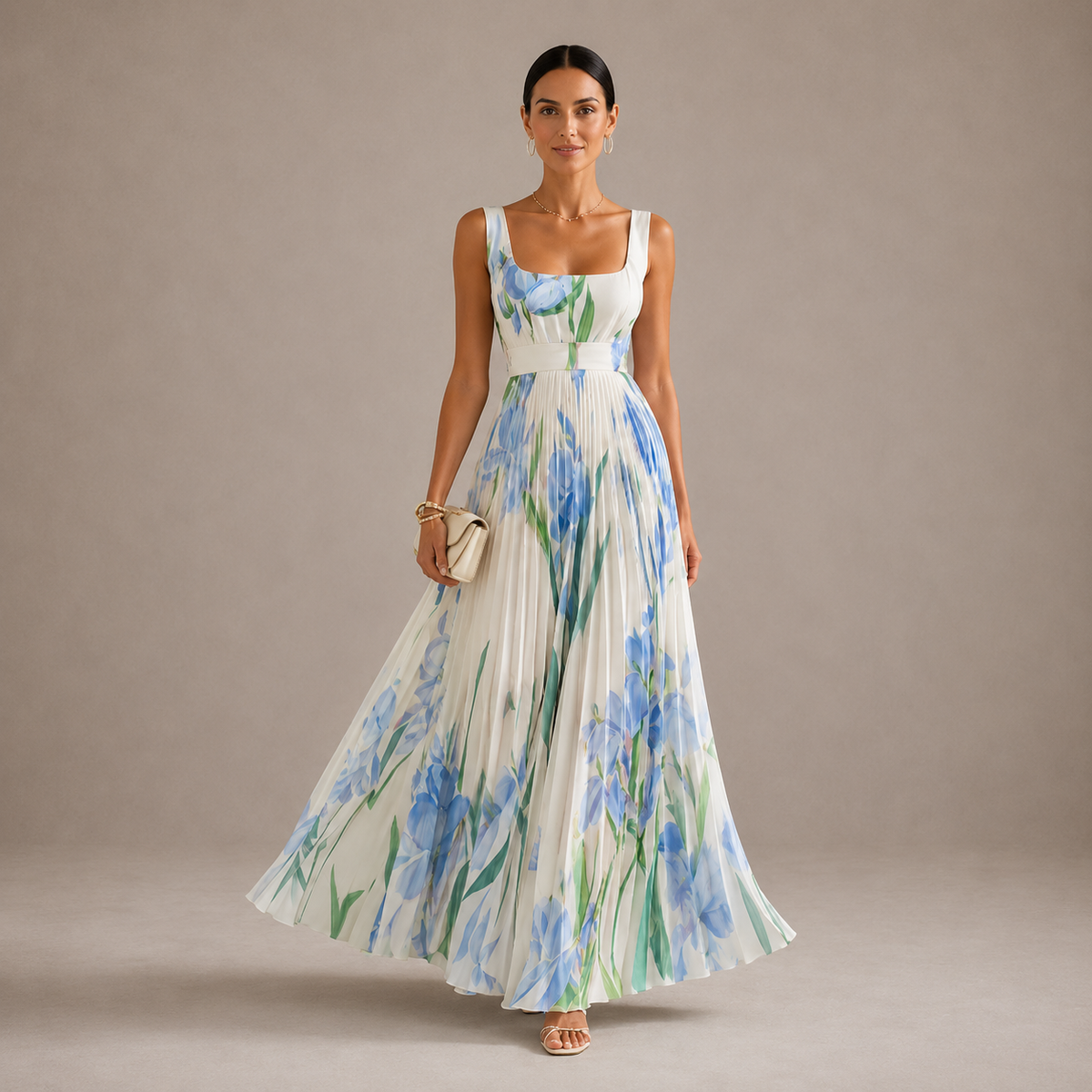 Floral Pleated Square Neck Sleeveless A-Line Maxi Dress Wedding Guest
