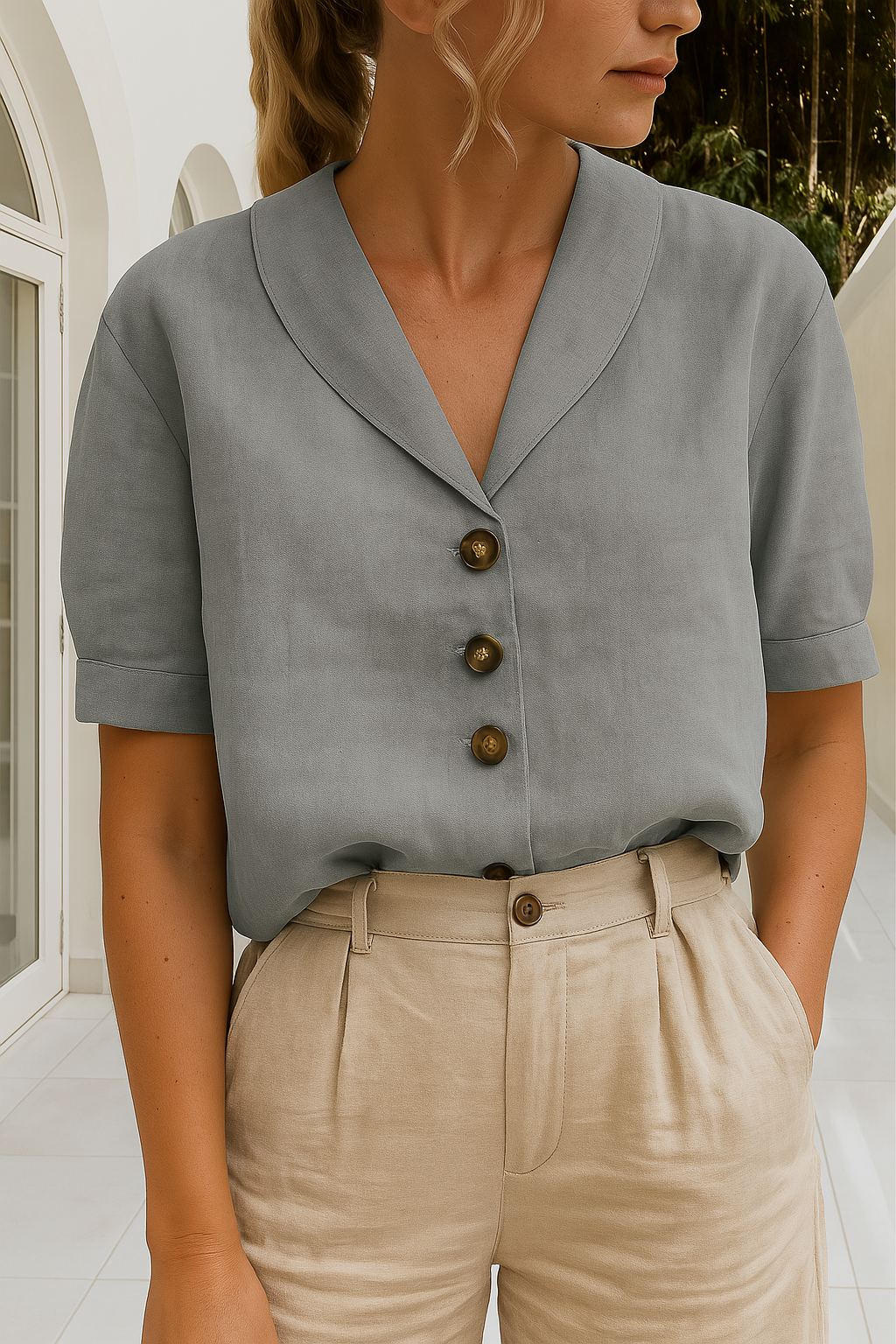 Shawl Collar Button Front Short Sleeve Blouse 4