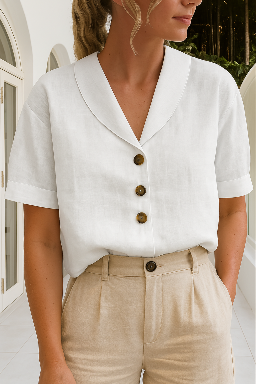Shawl Collar Button Front Short Sleeve Blouse