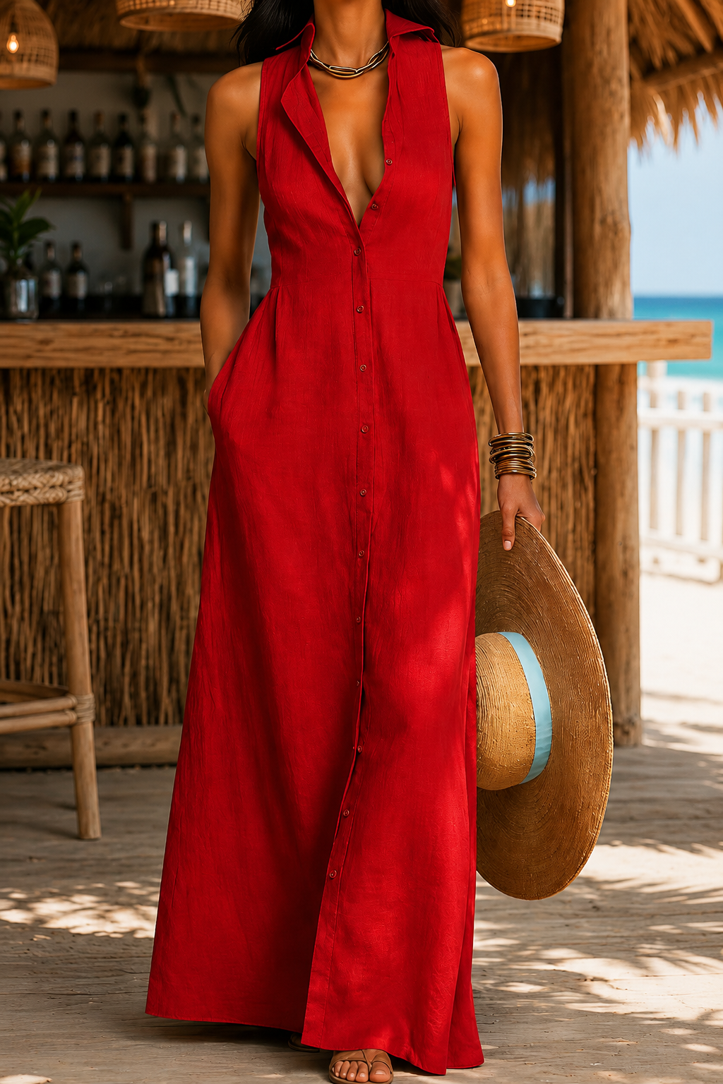 Collared Sleeveless Button Front Shirt Maxi Dress