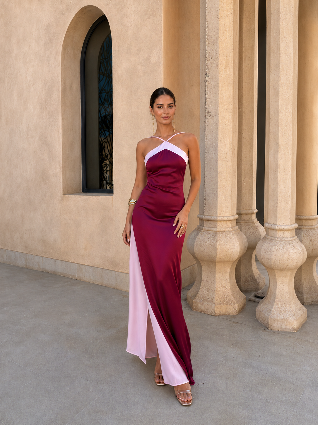 Satin Halter Neck Cross Front High Split Maxi Gown