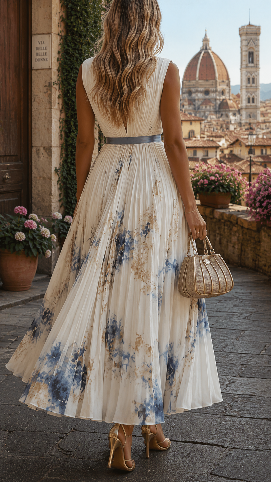 Watercolor Print V-Neck Belted Pleated Midi Dress 2