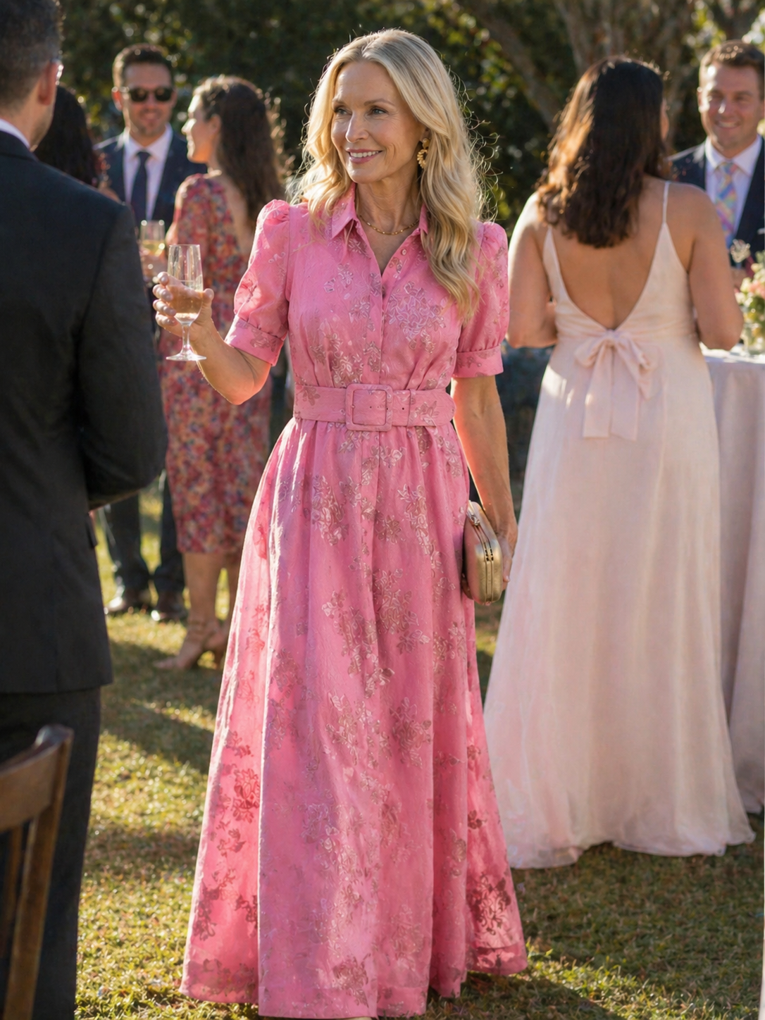 Floral Jacquard Collared Short Sleeve Belted A-Line Maxi Shirt Dress 6