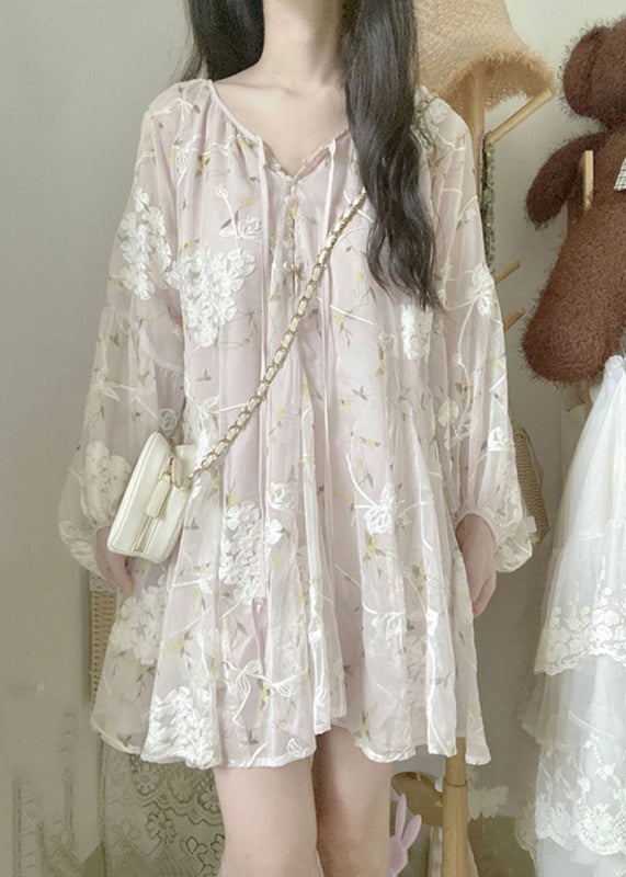 Mesh Floral Embroidered Tie Front Ruffle V-Neck Mini Dress - View 2