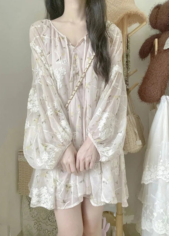Mesh Floral Embroidered Tie Front Ruffle V-Neck Mini Dress - View 3