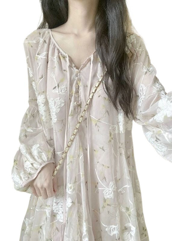 Mesh Floral Embroidered Tie Front Ruffle V-Neck Mini Dress - View 5