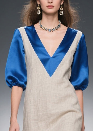 Deep V-Neck Elbow Puff Sleeve Satin Trim Woven Midi Dress - View 2