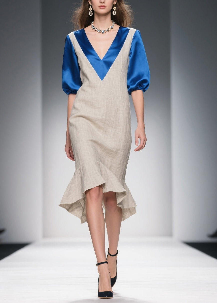 Deep V-Neck Elbow Puff Sleeve Satin Trim Woven Midi Dress - View 3