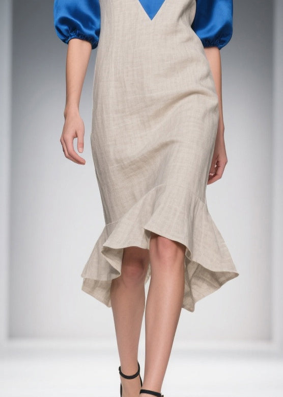 Deep V-Neck Elbow Puff Sleeve Satin Trim Woven Midi Dress - View 4