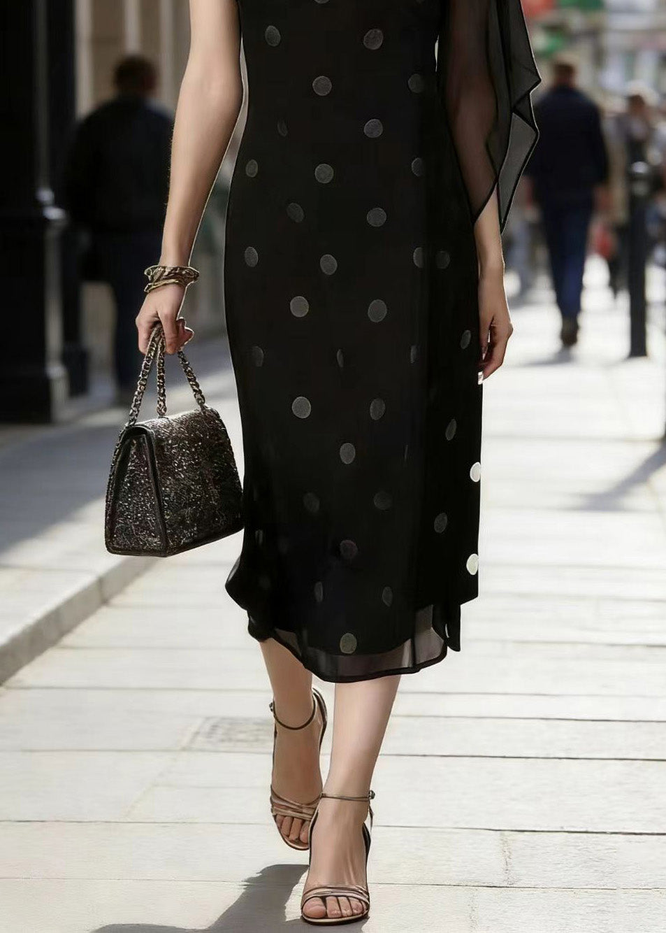 Polka Dot Scoop Neck Cap Sleeve Asymmetric Flutter Overlay Midi Dress - View 4
