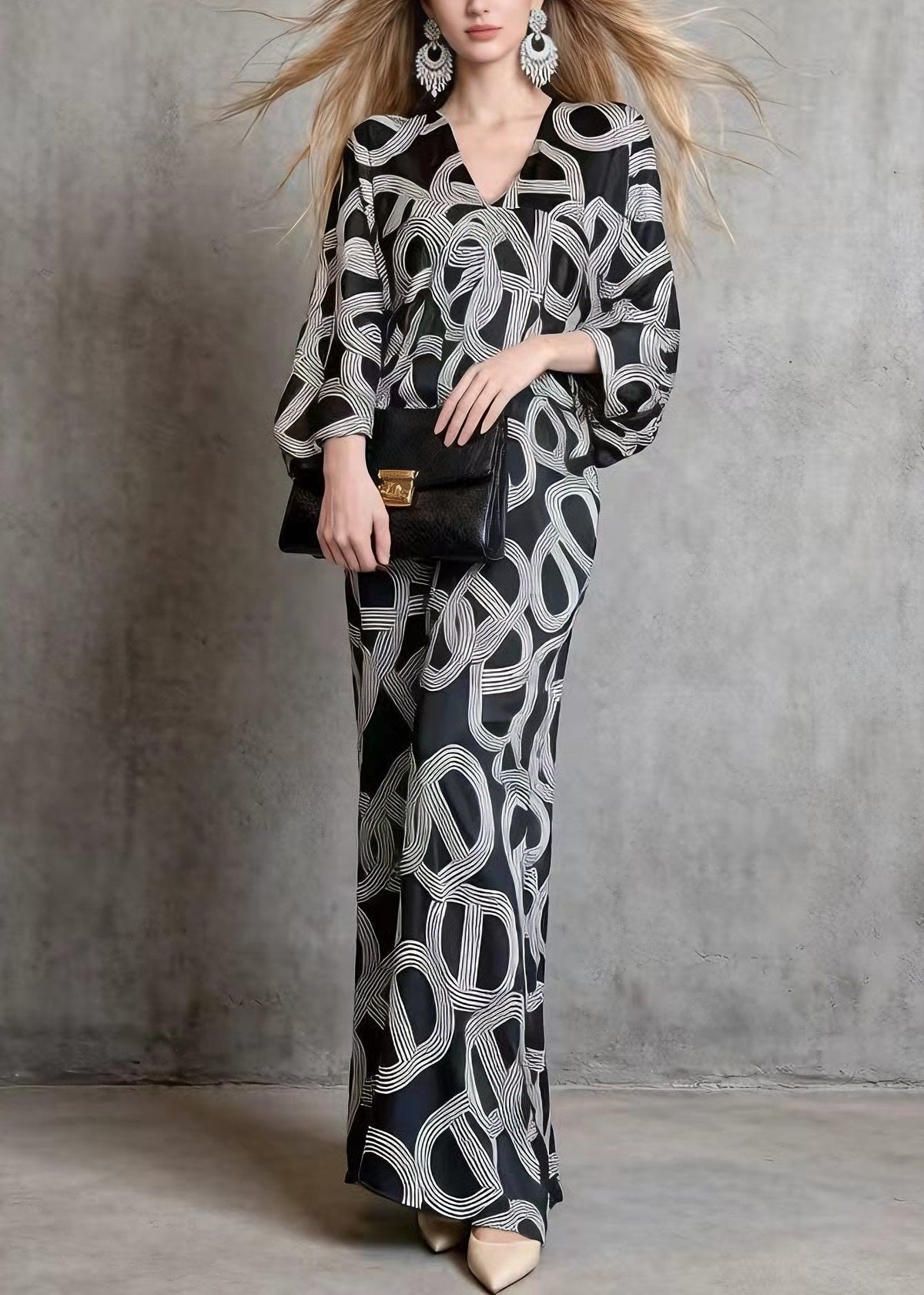 Satin Geometric Link Print V-Neck Batwing Sleeve Maxi Dress - View 5