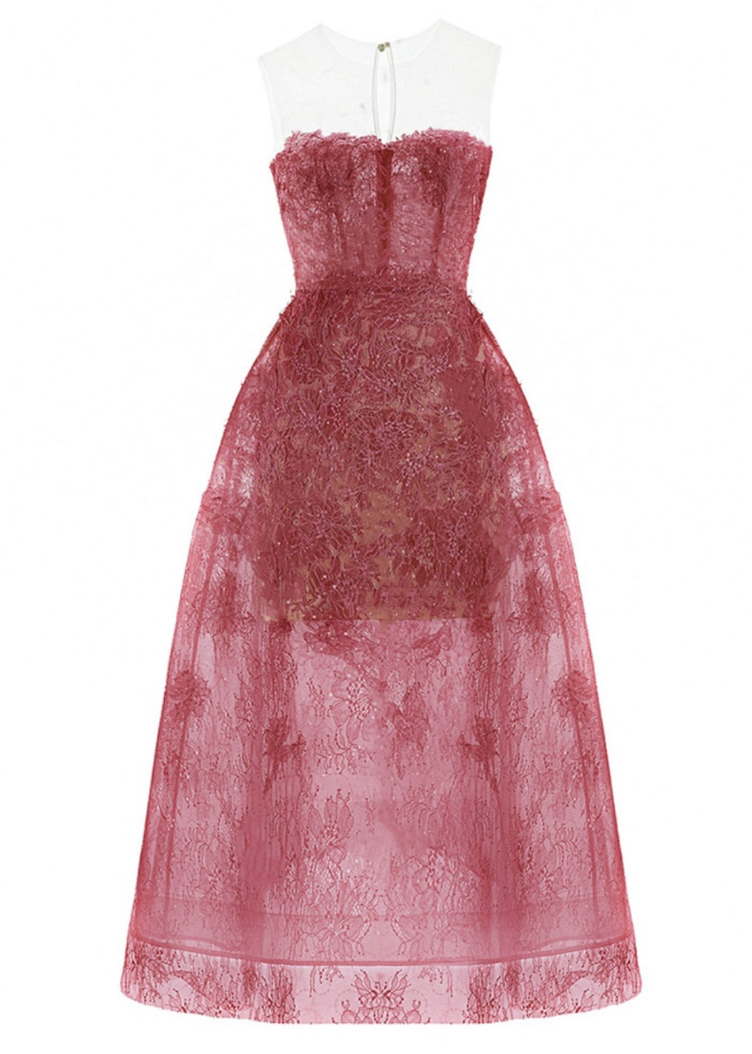 Strapless Lace Overlay Feather Trim Sheer Skirt A-Line Midi Dress - View 5