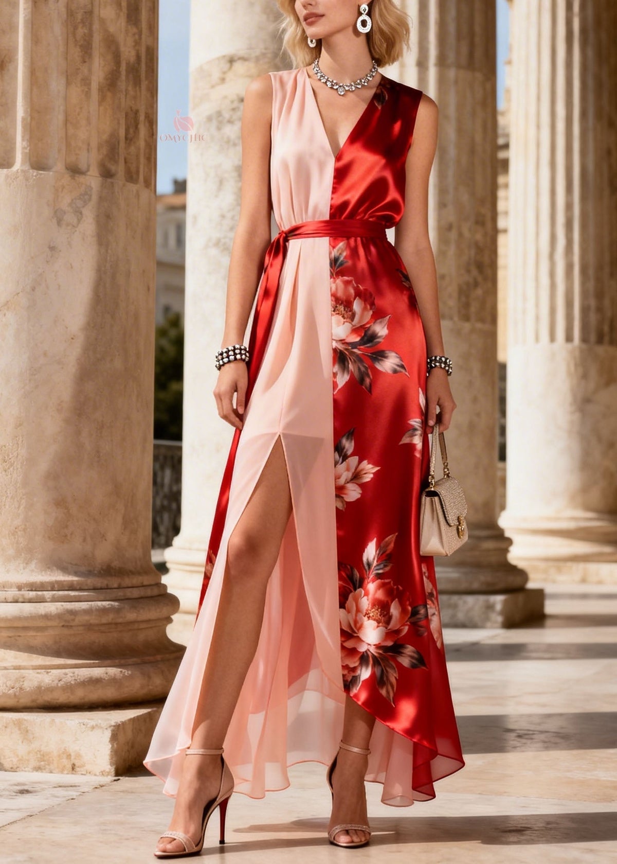 Floral Print Asymmetric Split V-Neck Sleeveless Sash Maxi Dress