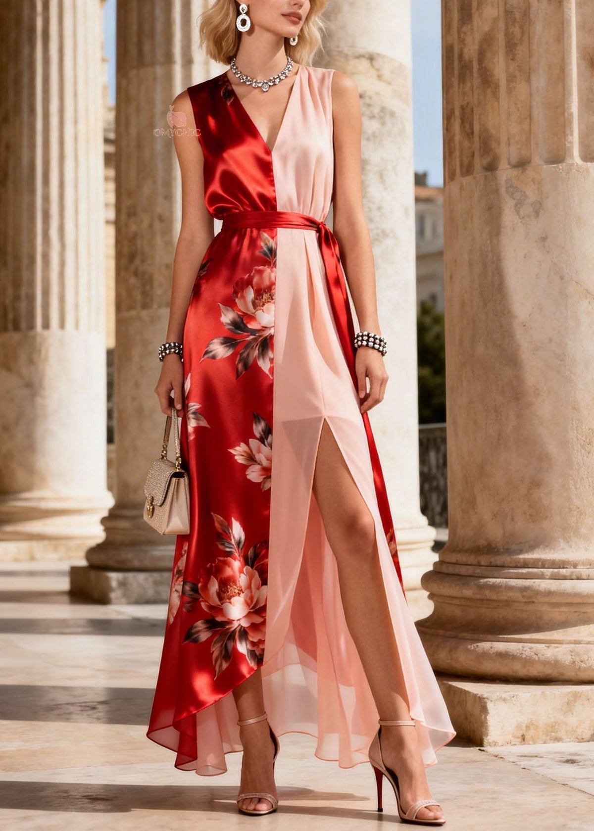 Floral Print Asymmetric Split V-Neck Sleeveless Sash Maxi Dress - View 3