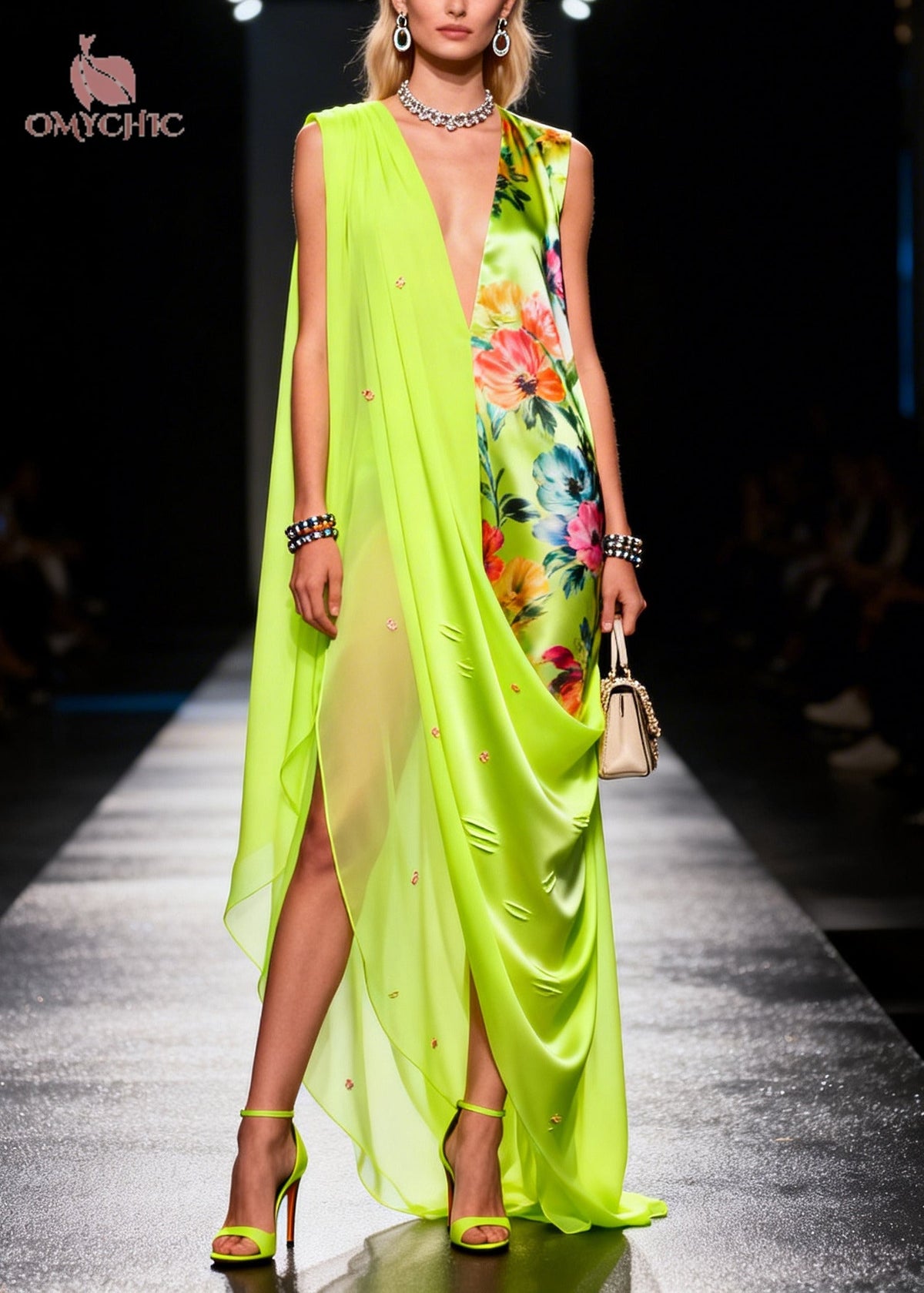 Floral Deep V-Neck Sleeveless High Split Satin Chiffon Maxi Dress - View 3