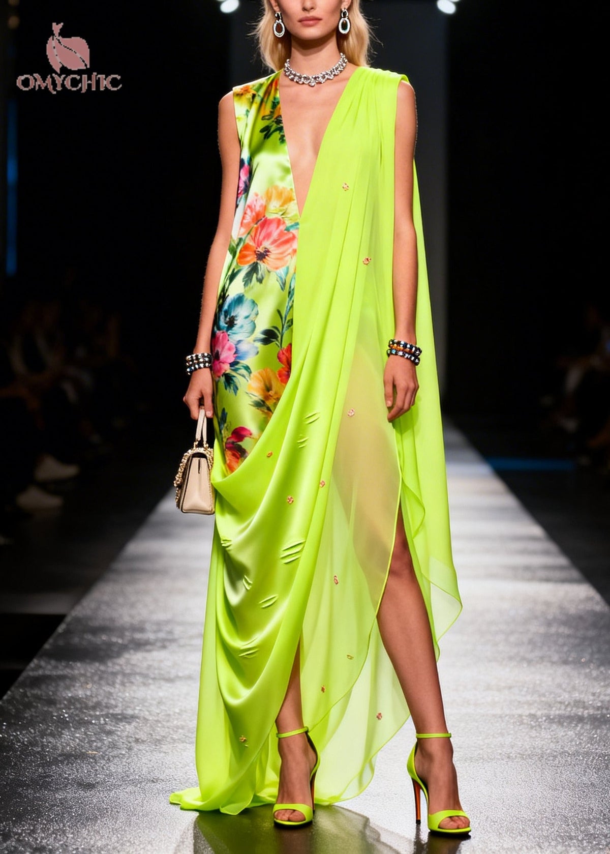 Floral Deep V-Neck Sleeveless High Split Satin Chiffon Maxi Dress - View 5