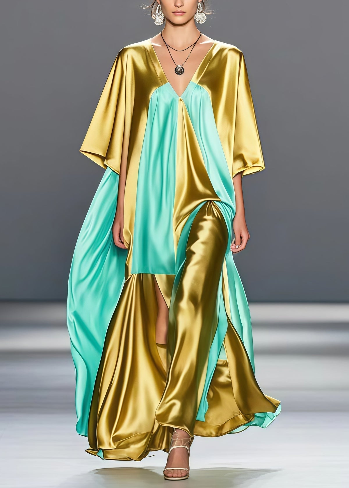 Deep V-Neck Kimono Sleeve Center Slit Draped Panel Maxi Gown - View 5