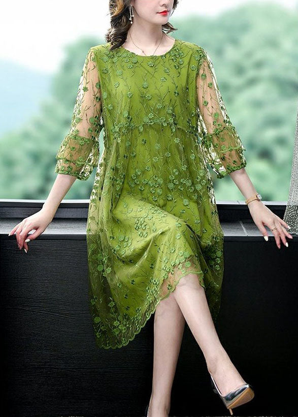 Floral Embroidered Mesh Overlay Round Neck A-Line Midi Dress
