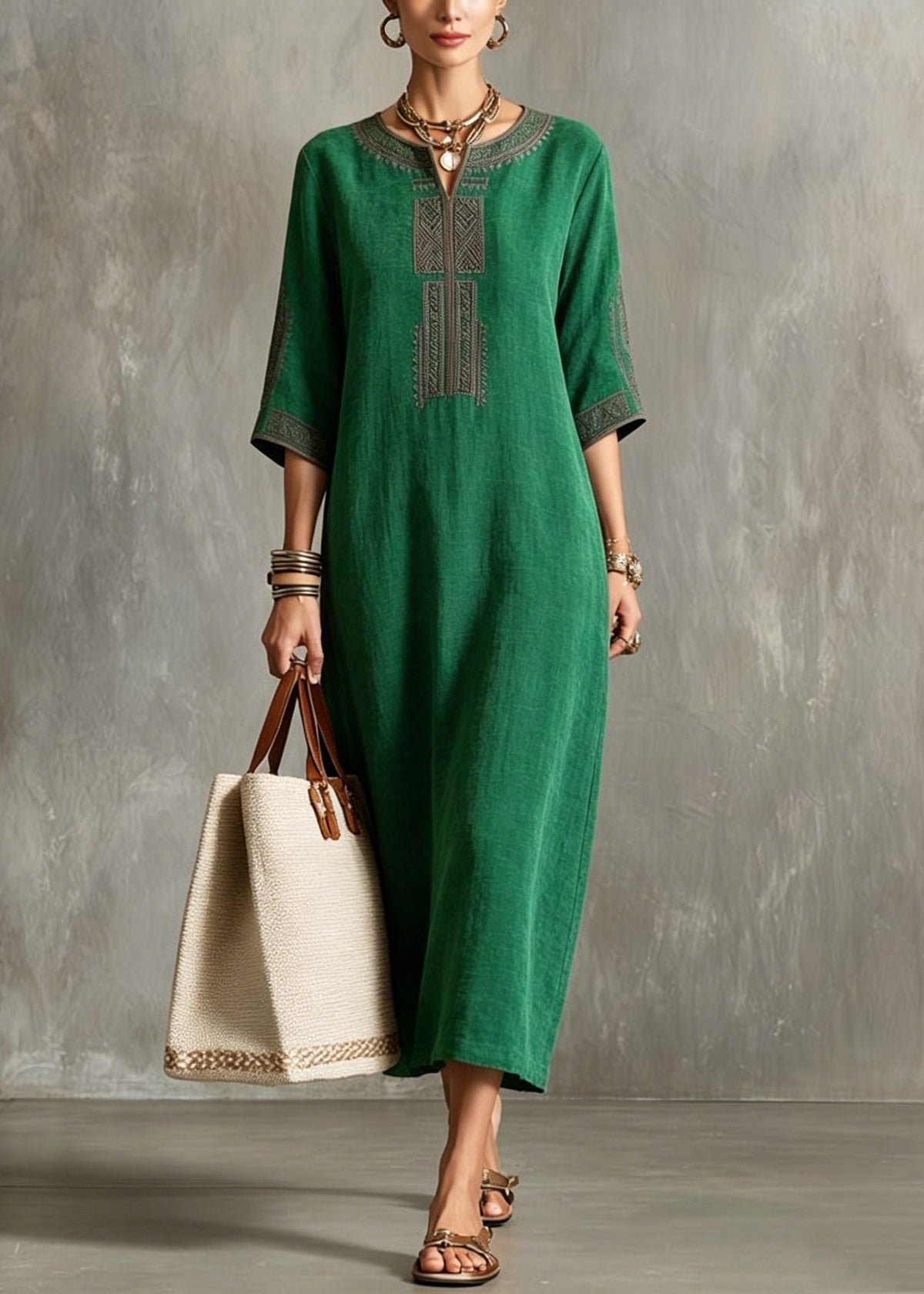 Embroidered V-Neck Three Quarter Sleeve Geometric Trim Midi Dress - View 5