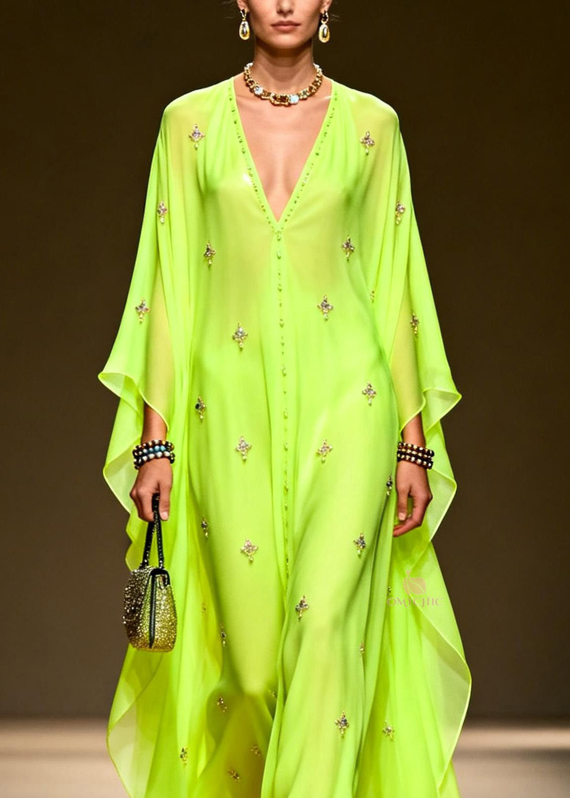 Chic Green V Neck Zircon Chiffon Maxi Dress Spring - View 2