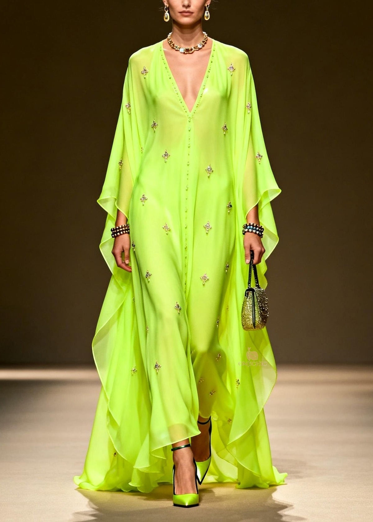 Chic Green V Neck Zircon Chiffon Maxi Dress Spring - View 3