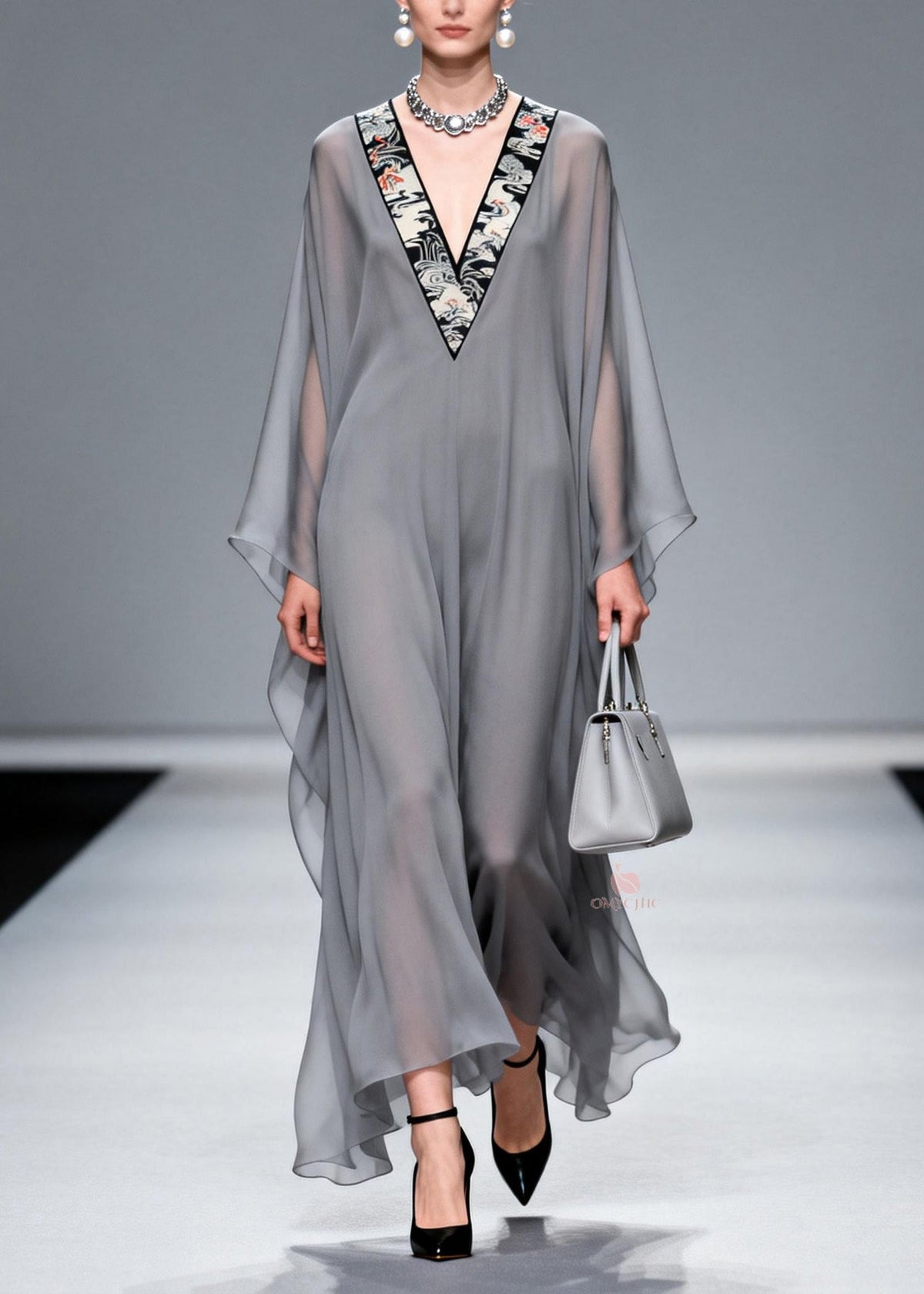 Oriental Embroidered Crane Deep V-Neck Sleeve Sheer Maxi Gown - View 3