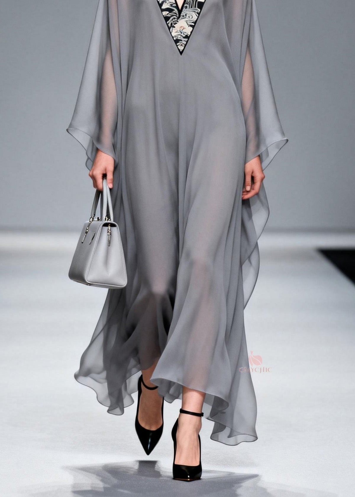 Oriental Embroidered Crane Deep V-Neck Sleeve Sheer Maxi Gown - View 4