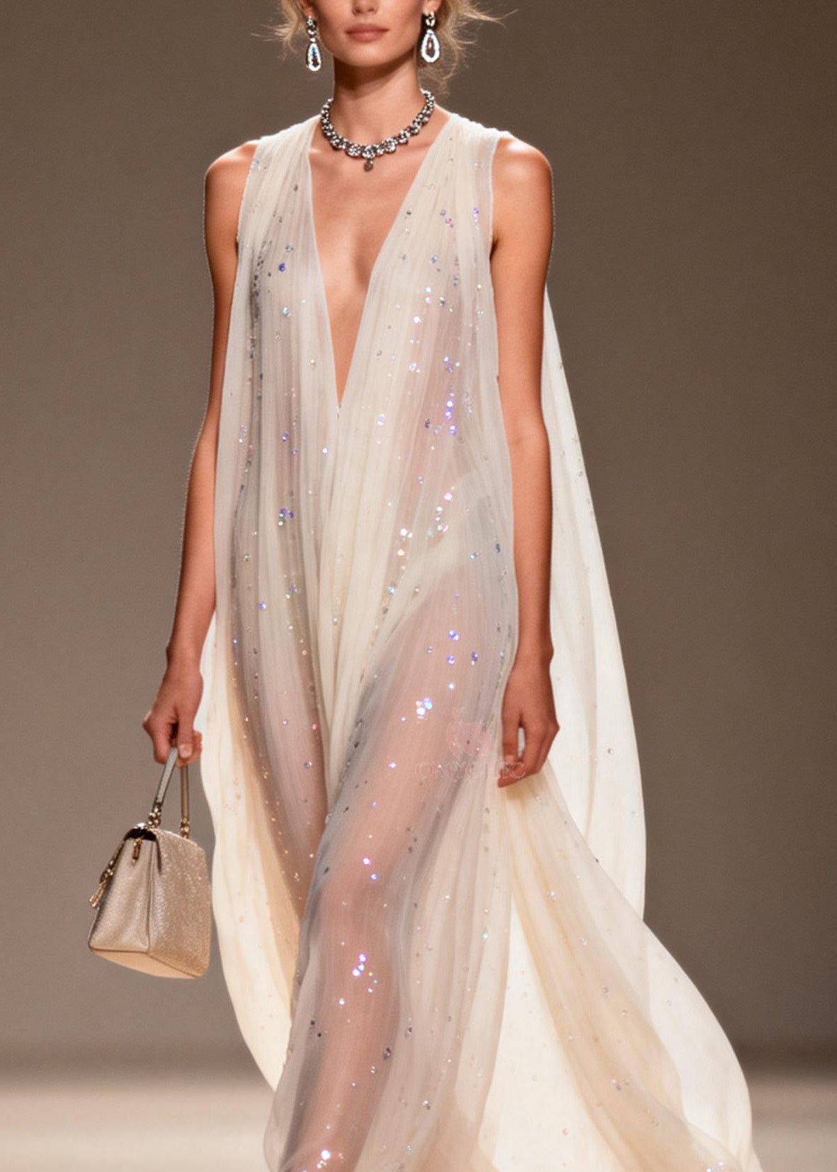 Sequin Scatter Deep V-Neck Sleeveless Sheer Cape Train Maxi Gown - View 2