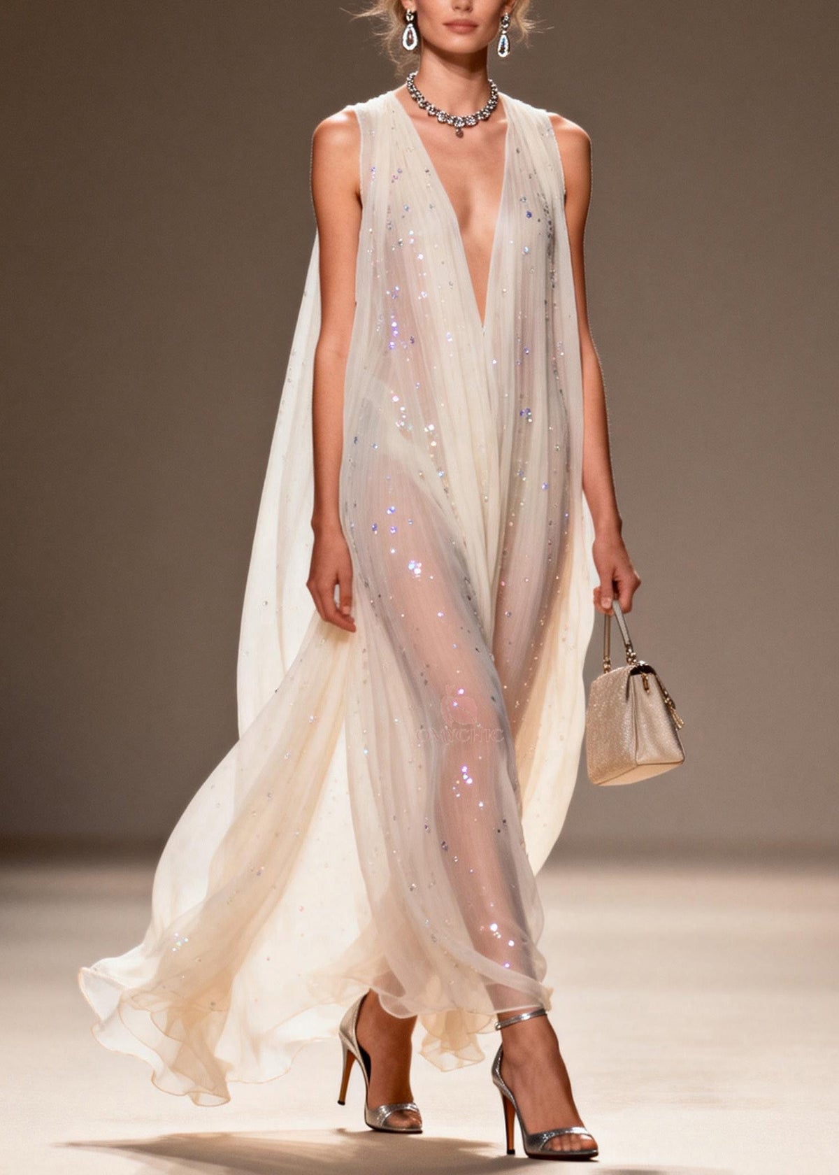 Sequin Scatter Deep V-Neck Sleeveless Sheer Cape Train Maxi Gown - View 3