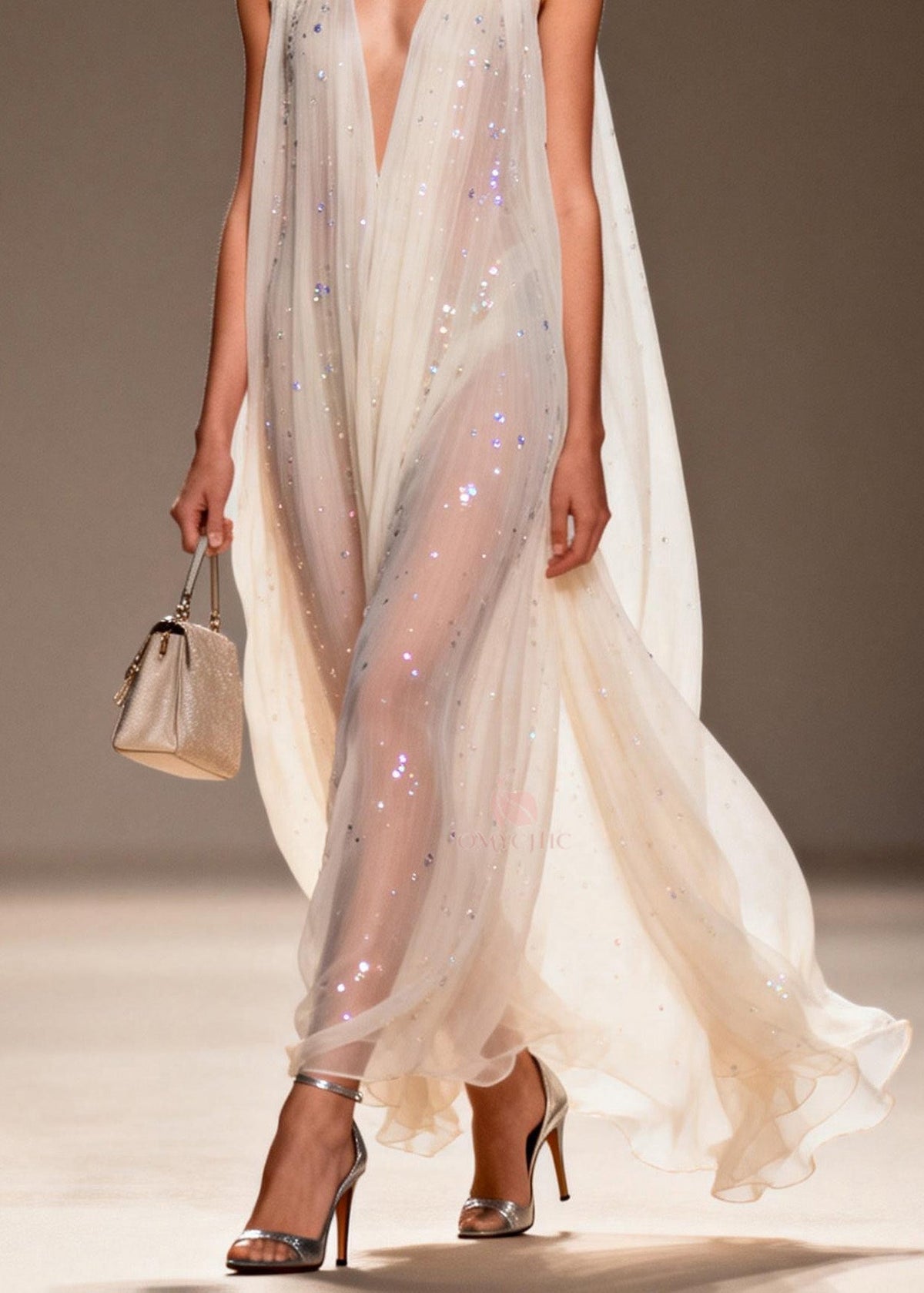 Sequin Scatter Deep V-Neck Sleeveless Sheer Cape Train Maxi Gown - View 4