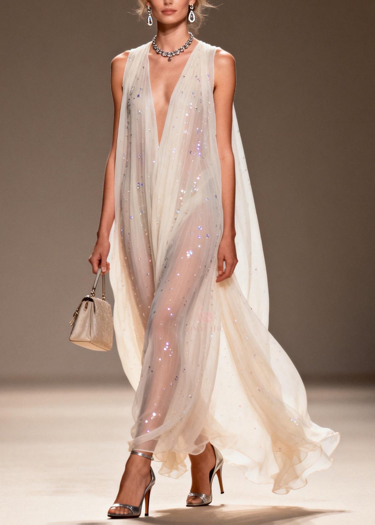 Sequin Scatter Deep V-Neck Sleeveless Sheer Cape Train Maxi Gown - View 5