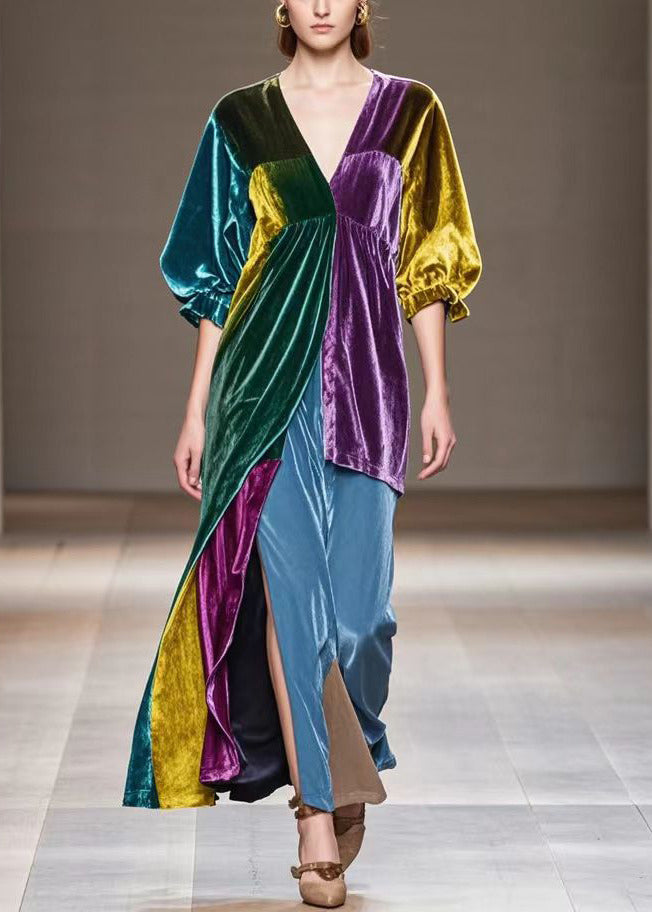 Velvet Patchwork Deep V-Neck Puff Sleeve High Split Maxi Gown - View 5