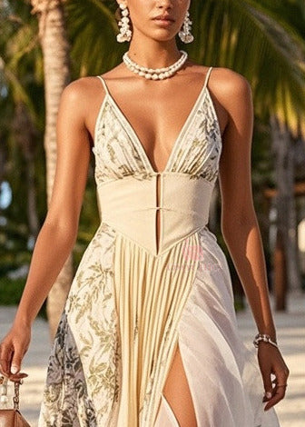 Spaghetti Strap V-Neck Cut Out Waist High Split Maxi Dress - View 2