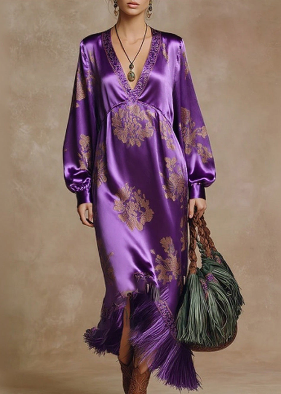 Satin Floral Damask Deep V-Neck Bishop Sleeve Tassel Fringe Maxi Gown - View 3