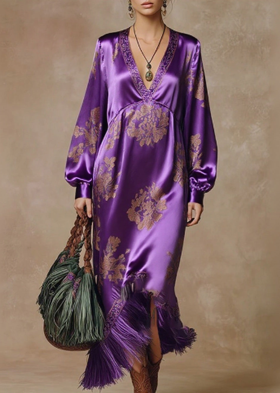 Satin Floral Damask Deep V-Neck Bishop Sleeve Tassel Fringe Maxi Gown - View 5