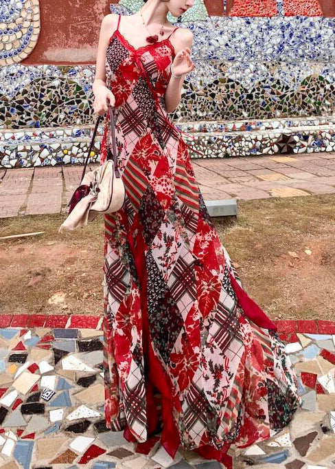 Chic Red Print Exra Large Hem Chiffon Spaghetti Strap Dress Summer - View 2