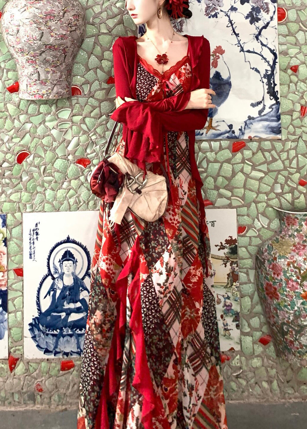Chic Red Print Exra Large Hem Chiffon Spaghetti Strap Dress Summer - View 5