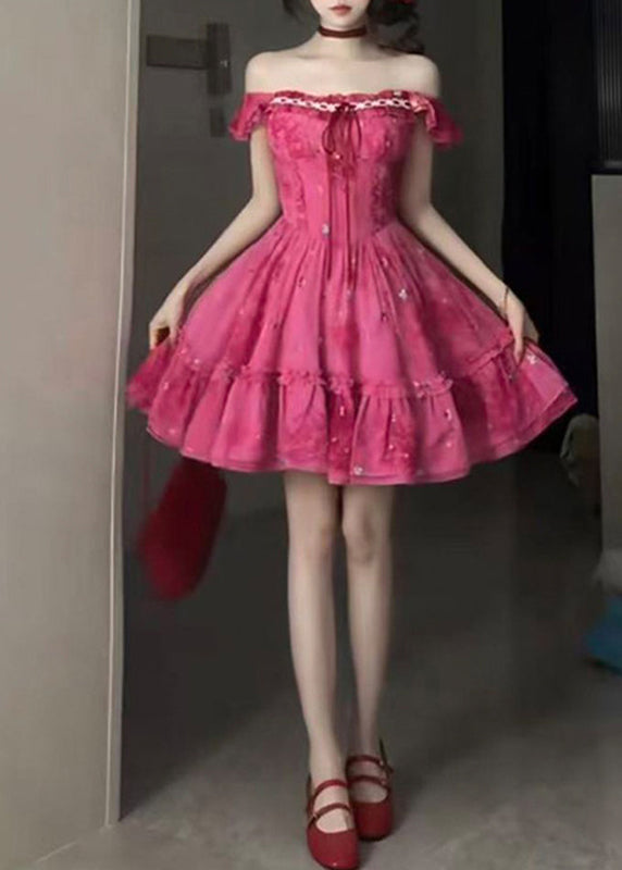 Chic Red Ruffled Patchwork Tie Lace Mid Dress Short Sleeve - View 4