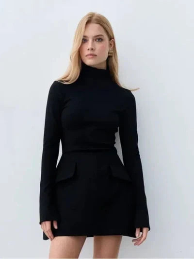 Mock Neck Long Sleeve Peplum Hem Bodycon Mini Dress - View 5