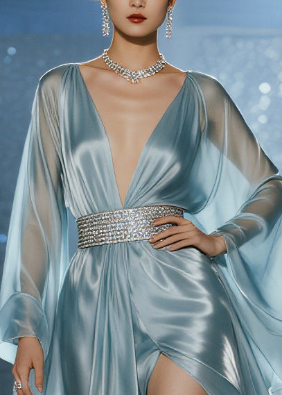 Deep V-Neck Long Bell Sleeve Rhinestone Belt High Split Maxi Gown - View 2
