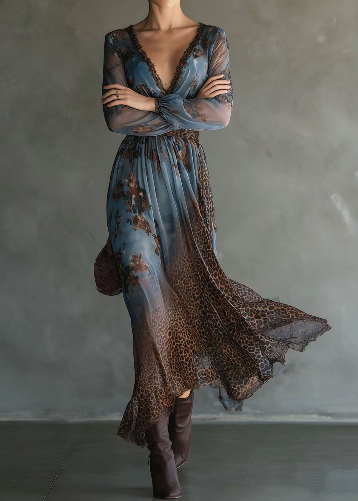 Chiffon Lace Trim V-Neck Bishop Sleeve Leopard Panel Floral Maxi Dress - View 2