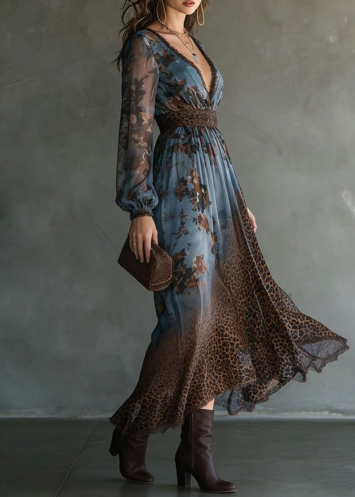 Chiffon Lace Trim V-Neck Bishop Sleeve Leopard Panel Floral Maxi Dress - View 3