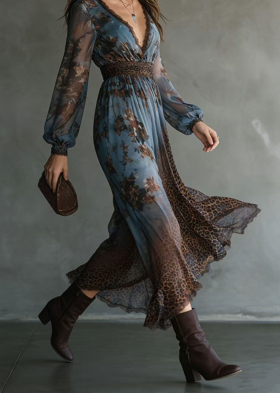 Chiffon Lace Trim V-Neck Bishop Sleeve Leopard Panel Floral Maxi Dress - View 5